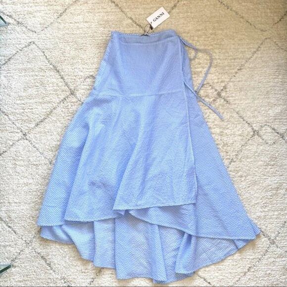 NWT GANNI Charron Asymmetric Wrap Midi Skirt Light Blue Gingham Size 4 - Picture 6 of 12